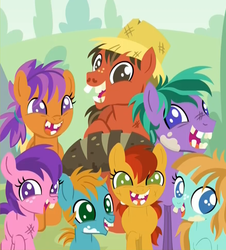 Size: 878x970 | Tagged: safe, screencap, earth pony, pony, g4, the parent map, ancient pony grain bread, bad teeth, broken teeth, colt, cropped, family, female, filly, hat, male, mare, sire's hollow, stallion, straw hat, unnamed character, unnamed pony
