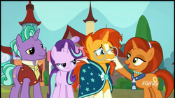 Size: 2560x1440 | Tagged: safe, screencap, firelight, starlight glimmer, stellar flare, sunburst, pony, unicorn, g4, the parent map, father and daughter, female, glasses, male, mare, mother and son, stallion