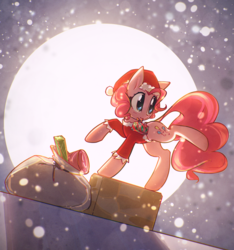 Size: 3000x3200 | Tagged: safe, artist:mirroredsea, pinkie pie, earth pony, pony, g4, box, chimney, christmas, clothes, costume, female, hat, high res, holiday, looking back, mare, moon, night, present, raised hoof, raised leg, sack, santa costume, santa hat, santa sack, smiling, snow, solo, sweater, winter