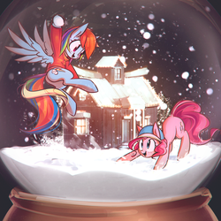 Size: 2998x3000 | Tagged: safe, artist:mirroredsea, pinkie pie, rainbow dash, earth pony, pegasus, pony, g4, clothes, cute, dashabetes, diapinkes, duo, female, flying, hat, high res, mare, scarf, smiling, snow, snow globe, snowball, snowball fight