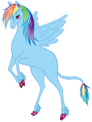 Size: 679x905 | Tagged: safe, artist:ameondine, rainbow dash, pegasus, pony, g4, cloven hooves, female, leonine tail, mare, missing cutie mark, simple background, solo, spread wings, style emulation, the last unicorn, unshorn fetlocks, white background, wings