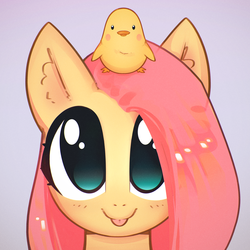Size: 3000x3000 | Tagged: safe, artist:mirroredsea, fluttershy, chicken, pegasus, pony, :p, big eyes, bust, cute, female, mare, no pupils, portrait, shyabetes, silly, sitting on head, smiling, tongue out, weapons-grade cute