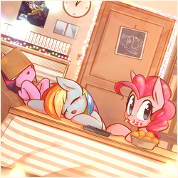 Size: 3000x3000 | Tagged: safe, artist:mirroredsea, artist:renokim, doctor whooves, pinkie pie, rainbow dash, time turner, twilight sparkle, earth pony, pegasus, pony, unicorn, g4, :o, :t, blushing, book, candy, candy cane, clock, cute, dashabetes, diapinkes, eyes closed, facebooking, female, food, fruit, high res, horn, kotatsu, leaning, lights, looking at you, lying down, mare, mouth hold, on back, open mouth, poster, reading, remote, sleeping, smiling, smiling at you, table, trio, trio female, twiabetes, unicorn twilight