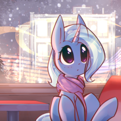 Size: 3000x3000 | Tagged: safe, artist:mirroredsea, trixie, pony, unicorn, g4, adorable face, blushing, clothes, cute, daaaaaaaaaaaw, diatrixes, female, high res, hnnng, horn, indoors, looking up, mare, mirroredsea is trying to murder us, scarf, sitting, snow, snowfall, solo, winter