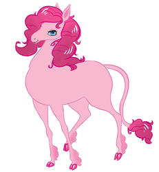 Size: 853x923 | Tagged: safe, artist:ameondine, pinkie pie, earth pony, pony, g4, cloven hooves, female, leonine tail, looking at you, mare, missing cutie mark, smiling, solo, style emulation, the last unicorn, unshorn fetlocks
