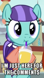 Size: 355x631 | Tagged: safe, edit, edited screencap, screencap, mixed berry, earth pony, pony, g4, the parent map, :t, background pony, clothes, cropped, cute, cuteaberry, drink, drinking, drinking straw, ear piercing, earring, female, i just came to read the comments, image macro, jewelry, mare, meme, piercing, reaction image, smoothie, solo, sucking