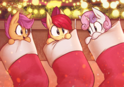 Size: 3640x2552 | Tagged: safe, artist:mirroredsea, apple bloom, scootaloo, sweetie belle, earth pony, pegasus, pony, unicorn, adorabloom, apple bloom's bow, bow, christmas, christmas stocking, clothes, cute, cutealoo, cutie mark crusaders, diasweetes, eye clipping through hair, female, filly, hair bow, happy, holiday, lights, micro, open mouth, smiling, trio, weapons-grade cute