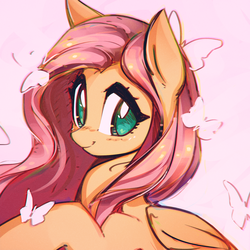 Size: 3000x3000 | Tagged: safe, artist:mirroredsea, fluttershy, butterfly, pegasus, pony, g4, cute, female, high res, looking at you, mare, pink background, shyabetes, simple background, smiling, solo, wings