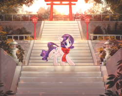 Size: 3548x2795 | Tagged: safe, artist:mirroredsea, rarity, pony, unicorn, clothes, female, horn, japan, lantern, mare, raised hoof, scarf, smiling, solo, stairs, standing, temple, torii