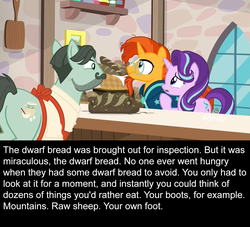 Size: 1280x1164 | Tagged: safe, edit, edited screencap, screencap, cracked wheat, starlight glimmer, sunburst, earth pony, pony, unicorn, g4, the parent map, :s, ancient pony grain bread, apron, baker, bakery, beard, bread, butt, caption, clothes, discovery family logo, discworld, dwarf bread, facial hair, female, food, male, mare, moustache, plot, quote, sire's hollow, stallion, text, wall of text, wavy mouth