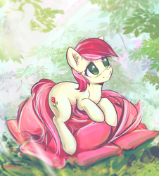 Size: 2688x2974 | Tagged: safe, artist:mirroredsea, roseluck, earth pony, pony, g4, cute, female, flower, high res, mare, outdoors, prone, rose, smiling, solo