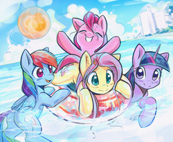 Size: 3389x2798 | Tagged: safe, artist:mirroredsea, fluttershy, pinkie pie, rainbow dash, twilight sparkle, earth pony, pegasus, pony, unicorn, g4, beach, cute, dashabetes, diapinkes, eyes closed, female, floppy ears, folded wings, grin, group, high res, horn, inflatable, mare, one ear down, outdoors, quartet, shyabetes, smiling, sun, twiabetes, unicorn twilight, water, wings