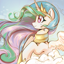 Size: 2980x2980 | Tagged: safe, artist:mirroredsea, princess celestia, alicorn, pony, g4, cloud, crown, cute, cutelestia, eye clipping through hair, female, high res, horn, jewelry, looking up, mare, necklace, peytral, regalia, sky, smiling, solo, spread wings, wings