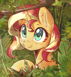 Size: 2624x2848 | Tagged: safe, artist:mirroredsea, sunset shimmer, pony, unicorn, g4, bust, cute, daaaaaaaaaaaw, female, forest, high res, horn, jewelry, jungle, mare, nature, necklace, portrait, shimmerbetes, smiling, solo, sweet dreams fuel, tree