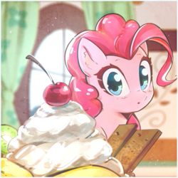 Size: 2800x2800 | Tagged: safe, artist:mirroredsea, pinkie pie, earth pony, pony, g4, :o, cherry, cute, dessert, diapinkes, ear fluff, eyes on the prize, female, food, high res, ice cream, indoors, looking at you, mare, open mouth, parfait, solo, sugarcube corner