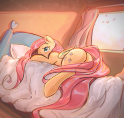Size: 3000x2861 | Tagged: safe, artist:mirroredsea, fluttershy, pegasus, pony, g4, bed, bedroom, butt, cute, female, flutterbutt, folded wings, high res, indoors, lying down, lying on bed, mare, on bed, one eye closed, pillow, plot, shyabetes, sleepy, solo, translucent tail, window, wings