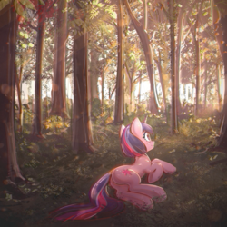 Size: 3000x3000 | Tagged: safe, artist:mirroredsea, twilight sparkle, pony, unicorn, g4, butt, cute, female, forest, grass, high res, horn, looking up, lying down, mare, nature, on side, outdoors, plot, prone, scenery, scenery porn, smiling, solo, tree, twiabetes, underhoof, unicorn twilight