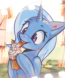 Size: 1868x2235 | Tagged: safe, artist:mirroredsea, trixie, pony, unicorn, g4, cherry, cute, diatrixes, female, food, happy, ice cream, licking, mare, smiling, solo, tongue out