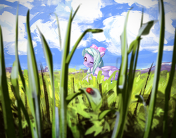 Size: 2800x2194 | Tagged: safe, artist:mirroredsea, flitter, ladybug, pegasus, pony, g4, bow, cloud, cute, female, grass, hair bow, high res, looking at you, mare, one eye closed, prone, sky, smiling, solo, wink