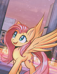 Size: 2442x3197 | Tagged: safe, artist:mirroredsea, fluttershy, pegasus, pony, g4, building, city, cityscape, cute, dutch angle, female, high res, looking up, mare, night, open mouth, open smile, outdoors, shyabetes, smiling, solo, spread wings, wings