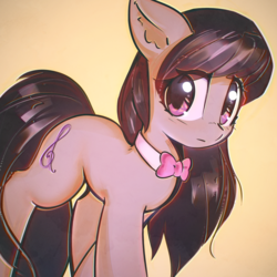 Size: 2800x2800 | Tagged: safe, artist:mirroredsea, octavia melody, earth pony, pony, g4, bowtie, cute, ear fluff, eye clipping through hair, female, high res, looking away, mare, solo, standing, tavibetes, three quarter view, walking