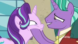 Size: 1920x1080 | Tagged: safe, screencap, firelight, starlight glimmer, pony, unicorn, g4, the parent map, cheek squish, cute, discovery family logo, father and daughter, female, firebetes, glimmerbetes, male, mare, squishy cheeks, stallion