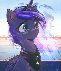 Size: 2110x2452 | Tagged: safe, artist:mirroredsea, princess luna, alicorn, pony, g4, bridge, bust, colored pupils, crown, female, folded wings, high res, horn, jewelry, looking away, mare, portrait, regalia, smiling, solo, wings