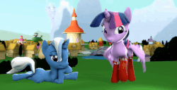Size: 725x370 | Tagged: safe, artist:ponygaben, trixie, twilight sparkle, alicorn, pony, unicorn, g4, 3d, adorkable, animated, clothes, cute, dancing, dork, eyes on the prize, female, gif, happy, i have done nothing productive all day, jumping, looking at butt, majestic as fuck, mare, ponyville, prone, rolling, silly, silly pony, socks, source filmmaker, tongue out, twiabetes, twilight sparkle (alicorn)