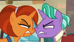 Size: 1920x1080 | Tagged: safe, screencap, firelight, stellar flare, pony, unicorn, g4, the parent map, angry, boop, clothes, discovery family logo, duo, eye contact, female, frown, glare, gritted teeth, looking at each other, male, mare, noseboop, rivalry, stallion