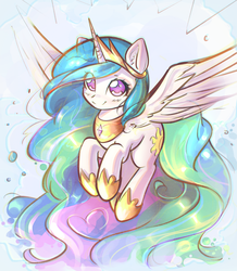 Size: 2614x3000 | Tagged: safe, artist:mirroredsea, princess celestia, alicorn, pony, g4, crown, cute, cutelestia, ear fluff, female, high res, hnnng, hoof shoes, impossibly long hair, impossibly long tail, jewelry, mare, peytral, princess shoes, regalia, smiling, solo, spread wings, tail, wings