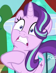 Size: 608x791 | Tagged: safe, screencap, starlight glimmer, pony, unicorn, g4, the parent map, cropped, female, gritted teeth, heart attack, hoof on chest, mare, reaction image, scared, shocked, shrunken pupils, sire's hollow, solo, wide eyes
