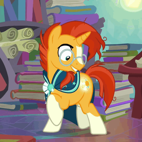 1725125 - safe, screencap, sunburst, pony, unicorn, the parent map,  adorkable, animated, behaving like pinkie pie, book, booty call, cropped,  cute, dork, facial hair, gif, glowing cutie mark, goatee, grin, happy,  jumping,