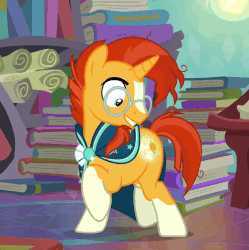 Size: 496x497 | Tagged: safe, screencap, sunburst, pony, unicorn, g4, the parent map, adorkable, animated, behaving like pinkie pie, book, booty call, cropped, cute, dork, facial hair, gif, glowing cutie mark, goatee, grin, happy, jumping, look at my butt, looking back, loop, male, open mouth, perfect loop, prancing, raised hoof, raised leg, smiling, solo, stallion, sunbetes, trotting, trotting in place, wide eyes