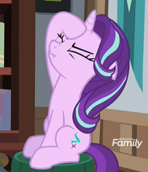 Size: 876x1013 | Tagged: safe, screencap, starlight glimmer, pony, unicorn, g4, the parent map, cropped, eyes closed, facehoof, female, floppy ears, mare, scrunchy face, sire's hollow, sitting, solo