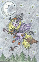 Size: 1024x1633 | Tagged: safe, artist:ditzymuffin13, abra-ca-dabra, bat, g3, broom, cape, clothes, female, flying, flying broomstick, forest, hat, moon, night, solo, stars, traditional art, witch hat
