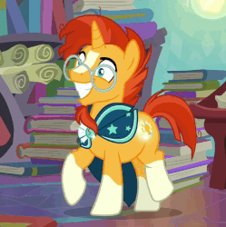 Size: 496x497 | Tagged: safe, screencap, sunburst, pony, unicorn, g4, the parent map, animated, book, booty call, cropped, cute, dork, faic, gif, glowing cutie mark, grin, happy, male, smiling, solo, stallion, sunbetes, toothy grin, trotting, trotting in place