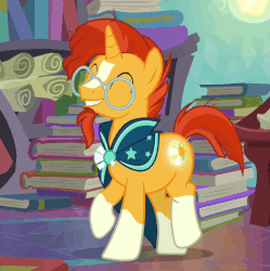 Size: 496x497 | Tagged: safe, screencap, sunburst, pony, unicorn, g4, the parent map, adorkable, animated, blaze (coat marking), book, booty call, coat markings, cropped, cute, cutie mark, dork, eyes closed, facial markings, gif, glowing cutie mark, grin, happy, male, smiling, socks (coat markings), solo, stallion, sunbetes, trotting, trotting in place