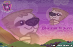 Size: 926x598 | Tagged: safe, edit, edited screencap, screencap, lola the sloth, pony, sloth, fluttershy leans in, g4, :3, cloud, female, hill, knowledge is power, looking up, meme, mountain, ponified meme, shitposting, sky, smiling, solo, sunset, thinking, url, wat, watermark