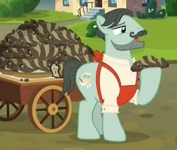 Size: 846x717 | Tagged: safe, screencap, cracked wheat, earth pony, pony, g4, the parent map, ancient pony grain bread, apron, baker, beard, bread, clothes, cropped, facial hair, food, hoof hold, male, moustache, shirt, sire's hollow, solo, stallion, wagon