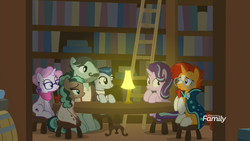 Size: 1920x1080 | Tagged: safe, screencap, cracked wheat, ever essence, minty mocha, raspberry latte, starlight glimmer, sunburst, earth pony, pony, unicorn, g4, the parent map, apron, baker, book, bookshelf, bookstore, clothes, discovery family logo, ear piercing, earring, eye contact, female, glasses, jewelry, ladder, lamp, lidded eyes, lighting, looking at each other, male, mare, piercing, scarf, shirt, sitting, stallion, stool, table