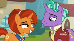 Size: 1920x1080 | Tagged: safe, screencap, firelight, stellar flare, pony, unicorn, g4, the parent map, clothes, discovery family logo, eye contact, female, grin, jewelry, lidded eyes, looking at each other, male, mare, necklace, necktie, pearl necklace, shipping fuel, shirt, sire's hollow, smiling, stallion, vest
