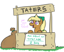 Size: 743x610 | Tagged: safe, artist:jargon scott, oc, oc only, oc:tater trot, pony, cute, female, lemonade stand, mare, sack, simple background, smiling, solo, white background