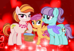 Size: 400x279 | Tagged: safe, artist:odscene, artist:pixelkitties, aunt holiday, auntie lofty, scootaloo, earth pony, pegasus, pony, g4, artist interpretation, basket, female, filly, lesbian, looking at you, mare, ship:lofty day, shipping, smiling, trace