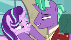 Size: 826x464 | Tagged: safe, screencap, firelight, starlight glimmer, pony, unicorn, g4, season 8, the parent map, animated, annoyed, belittling, cheek squish, cute, duo, eyes closed, father and daughter, female, firebetes, floppy ears, gif, glimmerbetes, grin, happy, lidded eyes, male, mare, reunion, scrunchy face, sire's hollow, smiling, squishy cheeks, stallion