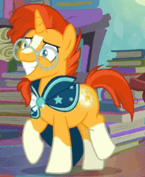 Size: 254x310 | Tagged: safe, screencap, sunburst, pony, unicorn, g4, the parent map, animated, book, booty call, cropped, cute, cutie mark, faic, gif, glowing cutie mark, grin, happy, male, open mouth, smiling, solo, stallion, sunbetes, trotting, trotting in place