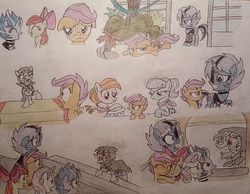 Size: 1526x1185 | Tagged: safe, artist:jebens1, ambermoon, apple bloom, aunt holiday, auntie lofty, lilymoon, olden pony, scootaloo, sweetie belle, g4, ponyville mysteries, riddle of the rusty horseshoe, artist interpretation, cutie mark crusaders, traditional art