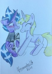 Size: 1024x1456 | Tagged: safe, artist:bananatee17, dinky hooves, lilymoon, g4, dinkymoon, female, lesbian, shipping, traditional art