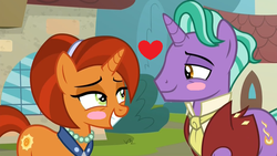 Size: 800x450 | Tagged: safe, edit, edited screencap, editor:3d4d, screencap, firelight, stellar flare, pony, unicorn, g4, the parent map, blushing, clothes, discovery family logo, eye contact, female, grin, heart, jewelry, lidded eyes, looking at each other, love, male, mare, necklace, necktie, no panicking, not married, pearl necklace, ship:stellarlight, shipping, shirt, sire's hollow, smiling, stallion, straight, vest