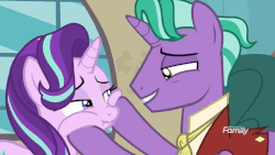 Size: 720x405 | Tagged: safe, screencap, firelight, starlight glimmer, pony, unicorn, g4, season 8, the parent map, animated, annoyed, cheek squish, cute, duo, duo male and female, father and daughter, female, firebetes, frown, gif, glimmerbetes, grin, happy, lidded eyes, loop, male, mare, open mouth, open smile, scrunchy face, sire's hollow, smiling, squishy cheeks, stallion, unamused