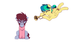 Size: 2683x1587 | Tagged: safe, artist:shinodage, oc, oc only, oc:apogee, oc:daisy cutter, earth pony, pegasus, pony, clothes, cutie mark, doot, duo, eyes closed, female, filly, freckles, glasses, hoodie, musical instrument, ponified, ponified meme, trumpet, trumpet boy